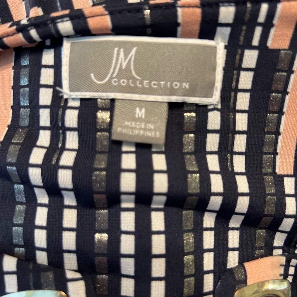 JM Collection Navy Pink Green Geometric Blouse Size Large Asymmetric Hem Top - Picture 6 of 9